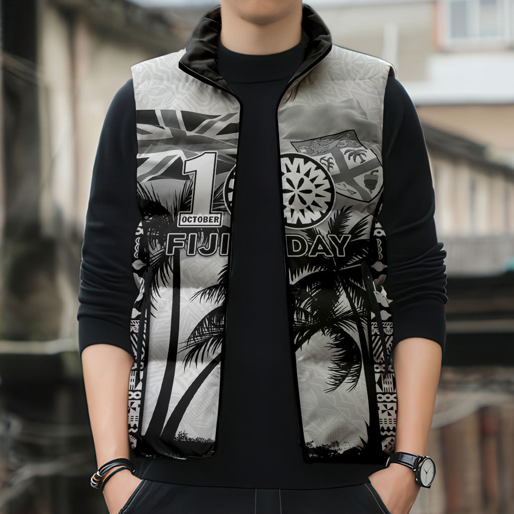 Personalised Fiji Day 2026 Sleeveless Puffer Jacket Masi Tapa Pattern With Palm Tree White Version