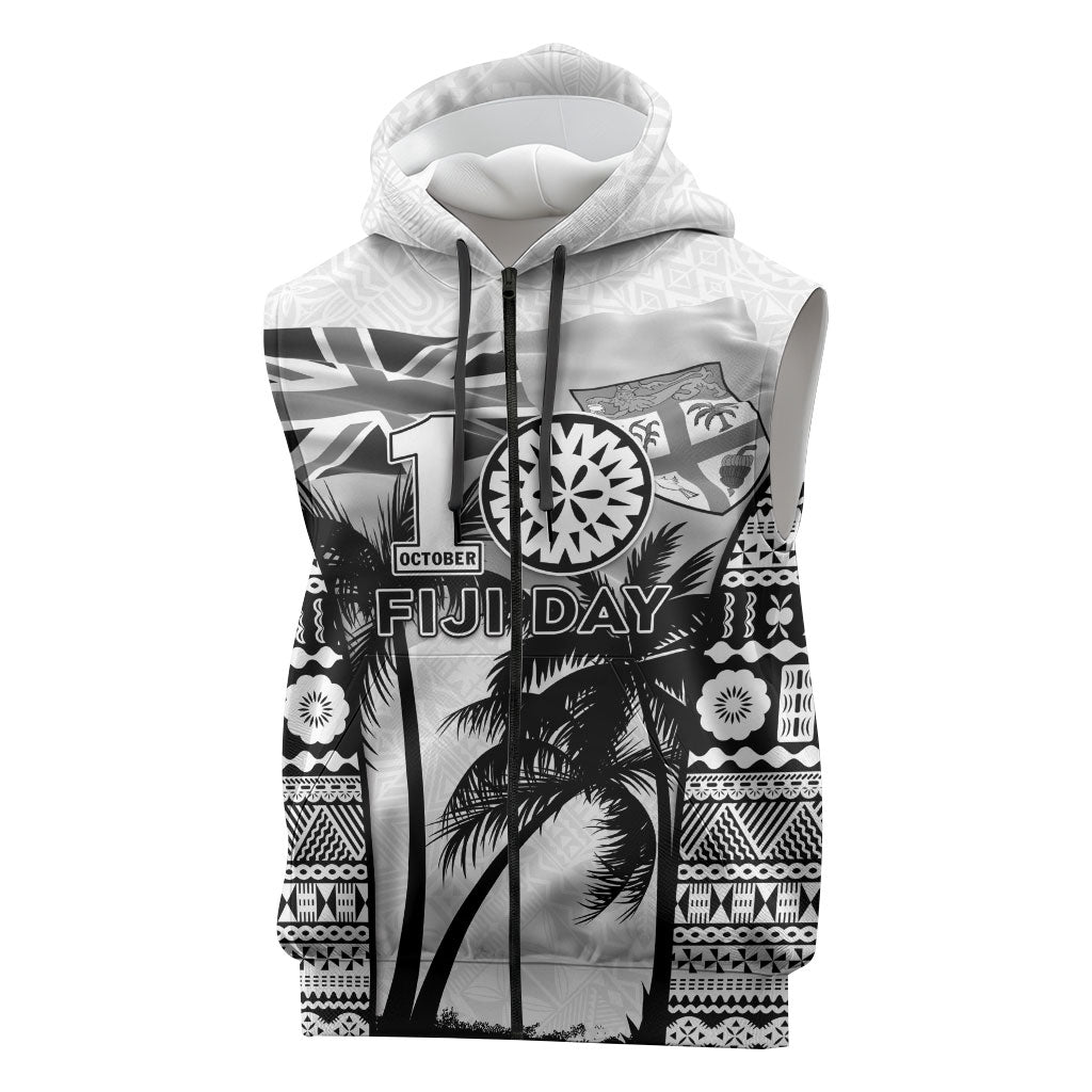 Personalised Fiji Day 2026 Sleeveless Zip Hoodie Masi Tapa Pattern With Palm Tree White Version