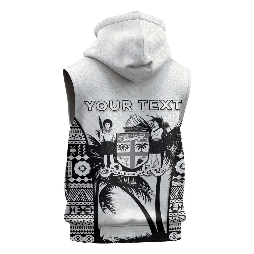 Personalised Fiji Day 2026 Sleeveless Zip Hoodie Masi Tapa Pattern With Palm Tree White Version