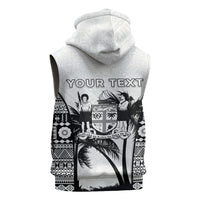 Personalised Fiji Day 2026 Sleeveless Zip Hoodie Masi Tapa Pattern With Palm Tree White Version