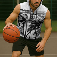 Personalised Fiji Day 2026 Sleeveless Zip Hoodie Masi Tapa Pattern With Palm Tree White Version