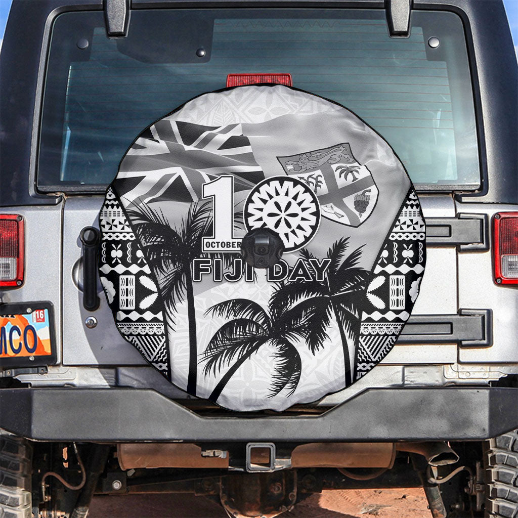 Fiji Day 2026 Spare Tire Cover Masi Tapa Pattern With Palm Tree White Version LT05 White - Polynesian Pride