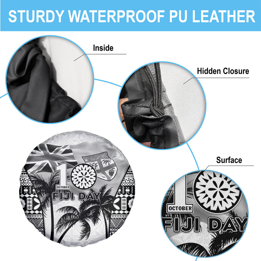 Fiji Day 2026 Spare Tire Cover Masi Tapa Pattern With Palm Tree White Version LT05 - Polynesian Pride