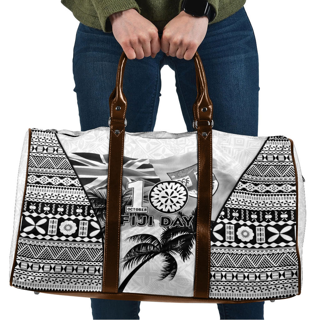 Fiji Day 2026 Travel Bag Masi Tapa Pattern With Palm Tree White Version LT05 White - Polynesian Pride