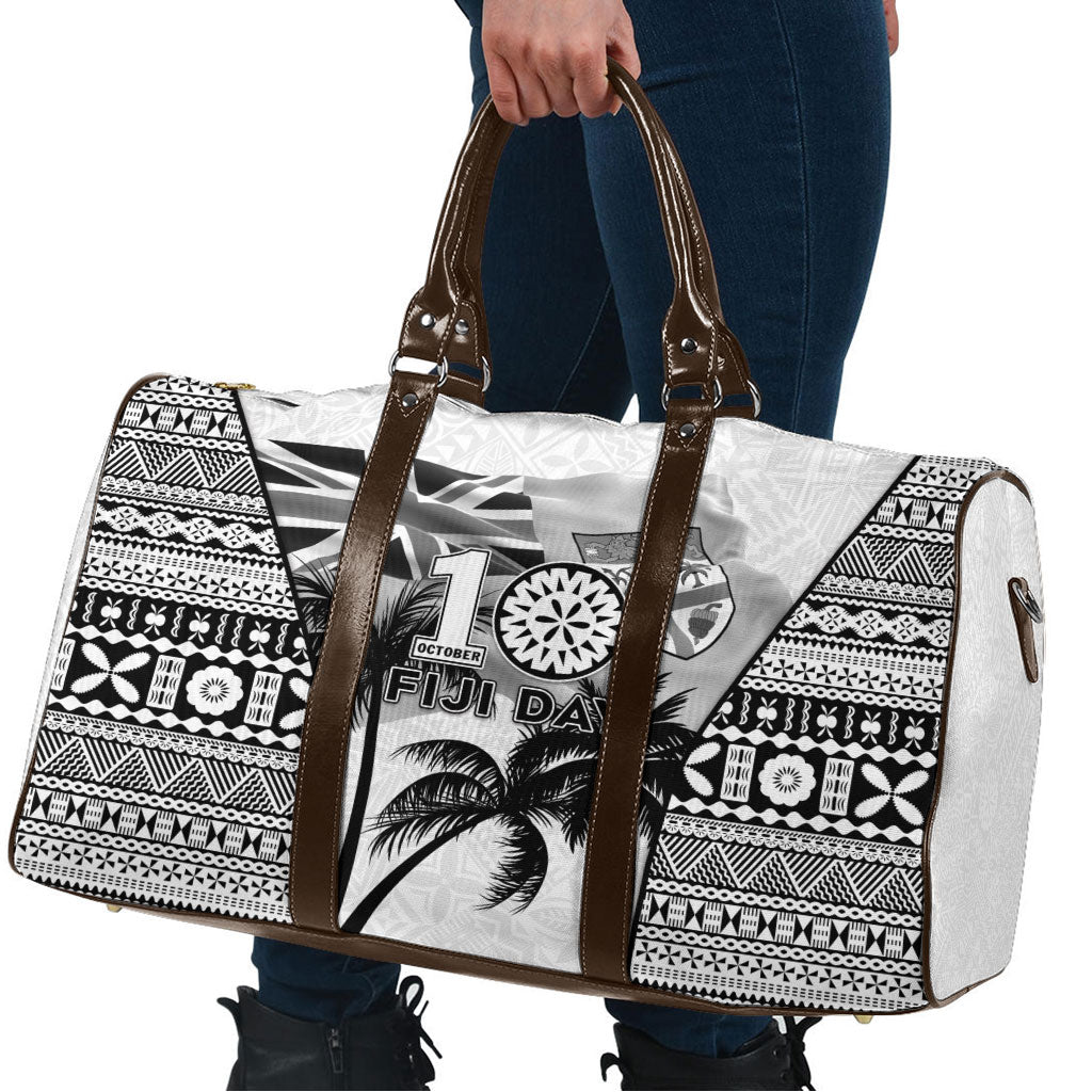 Fiji Day 2026 Travel Bag Masi Tapa Pattern With Palm Tree White Version LT05 - Polynesian Pride