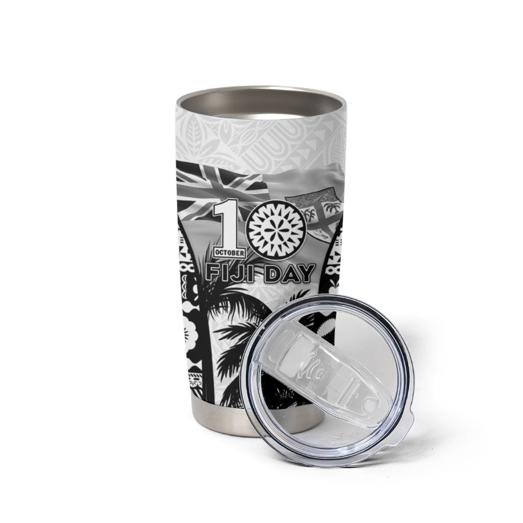 Personalised Fiji Day 2026 Tumbler Cup Masi Tapa Pattern With Palm Tree White Version LT05 - Polynesian Pride