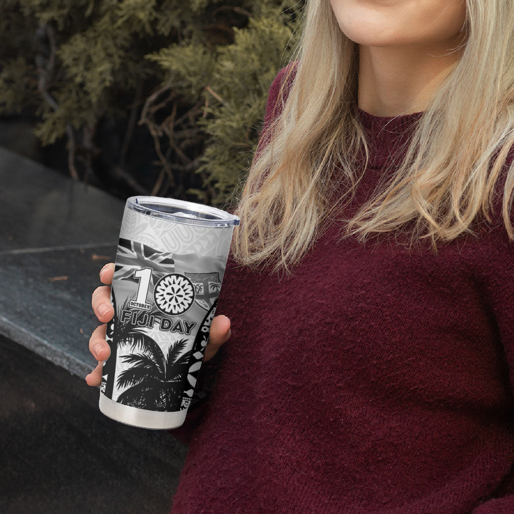 Personalised Fiji Day 2026 Tumbler Cup Masi Tapa Pattern With Palm Tree White Version LT05 - Polynesian Pride
