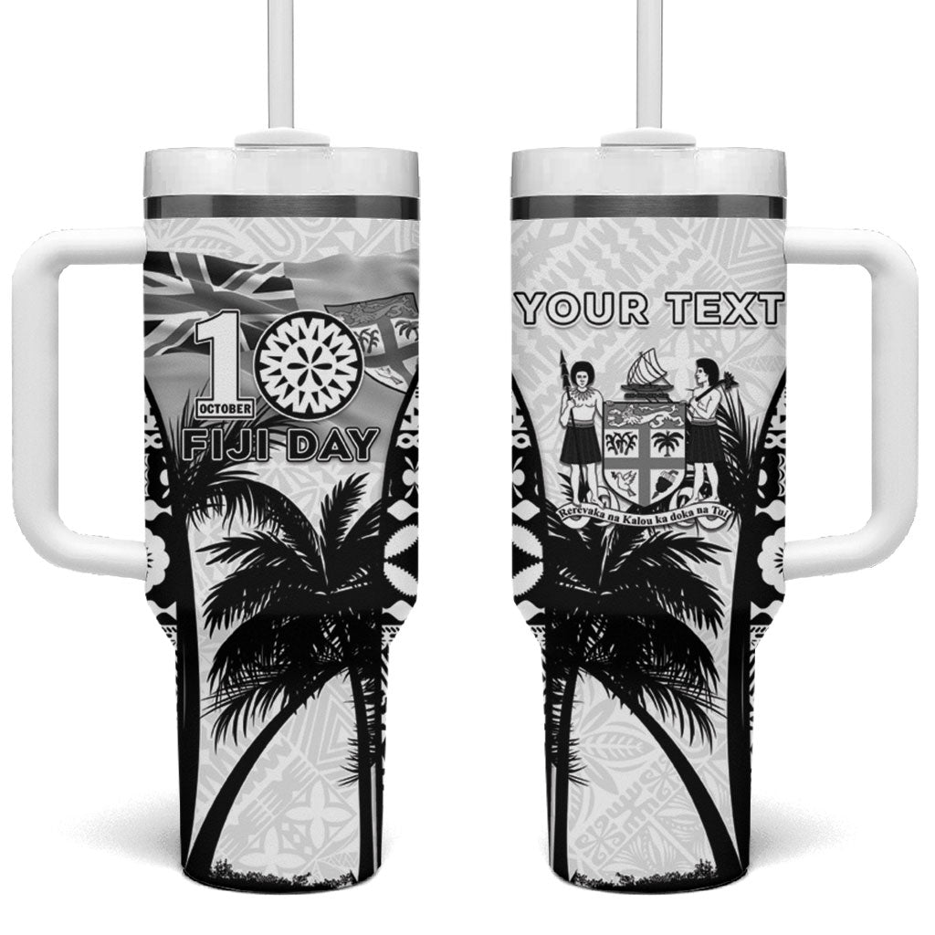 Personalised Fiji Day 2026 Tumbler With Handle Masi Tapa Pattern With Palm Tree White Version LT05 One Size: 40 oz White - Polynesian Pride