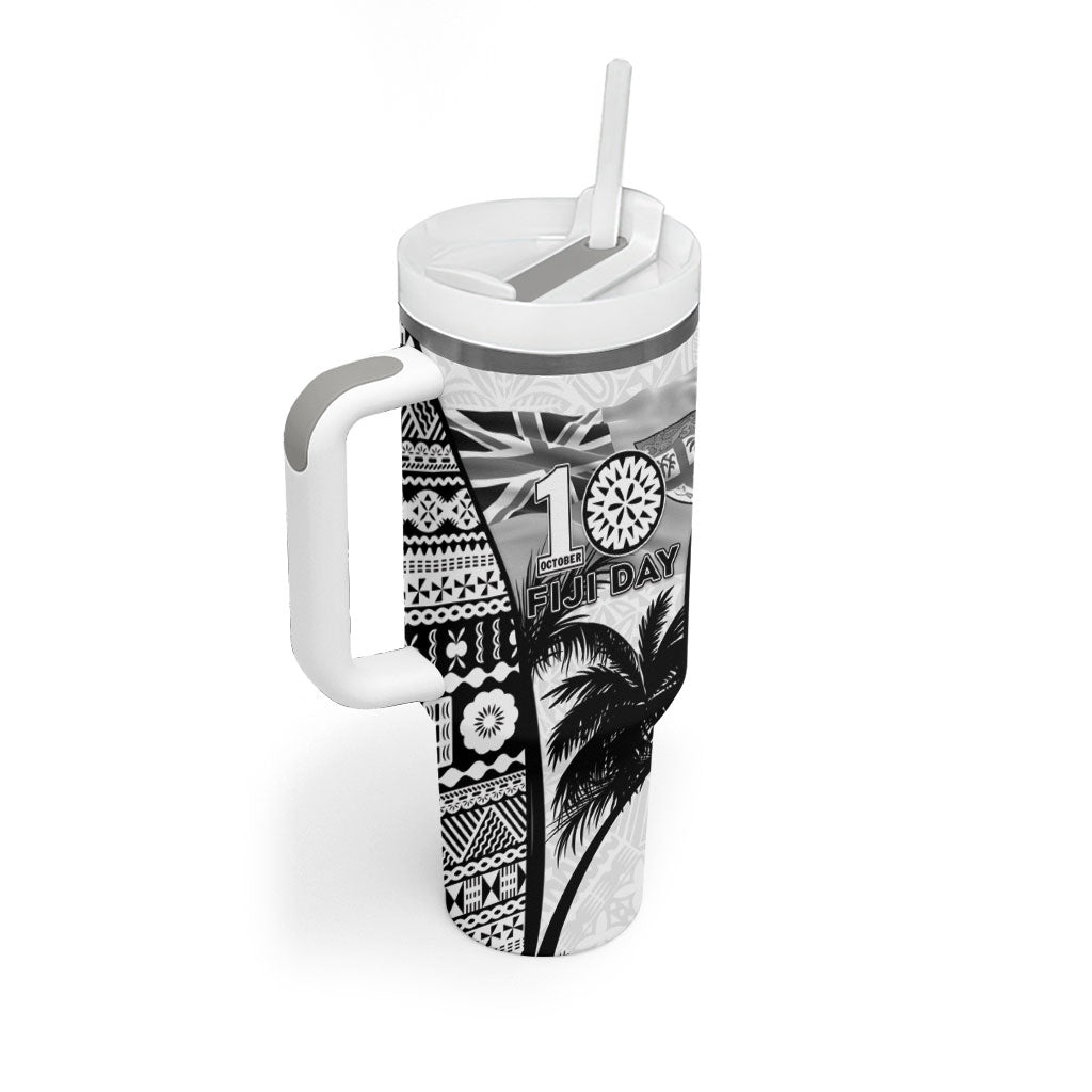 Personalised Fiji Day 2026 Tumbler With Handle Masi Tapa Pattern With Palm Tree White Version