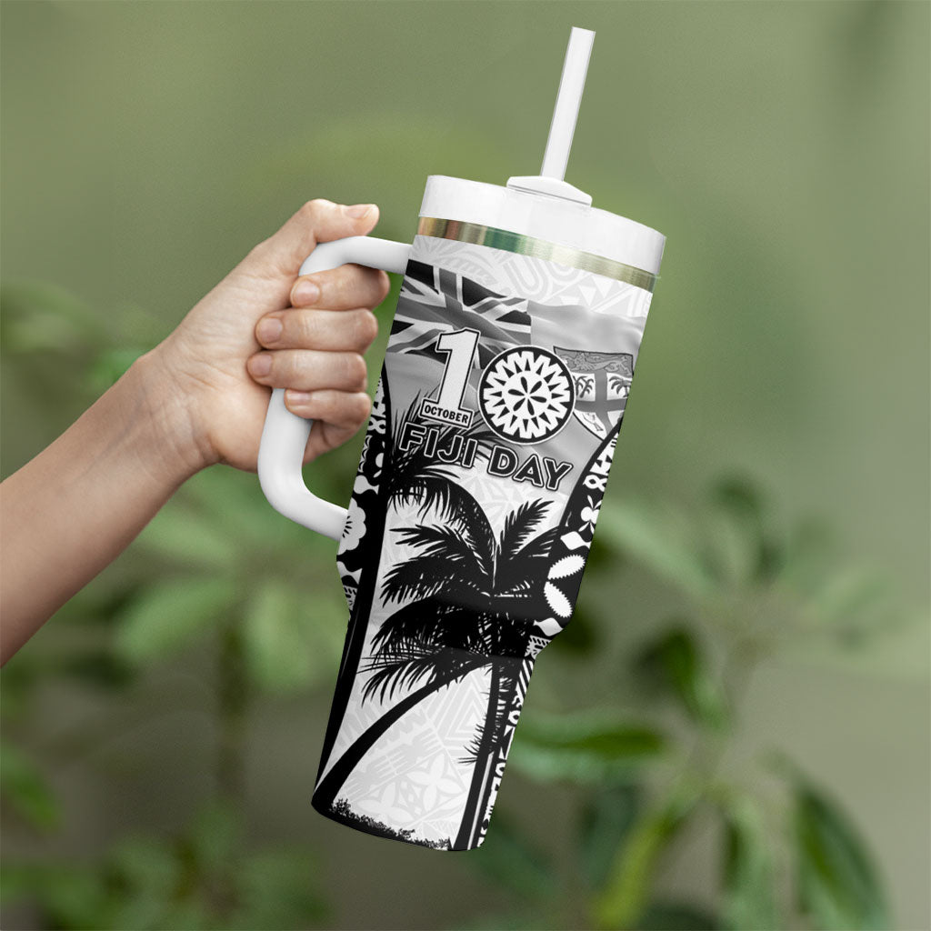 Personalised Fiji Day 2026 Tumbler With Handle Masi Tapa Pattern With Palm Tree White Version