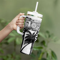 Personalised Fiji Day 2026 Tumbler With Handle Masi Tapa Pattern With Palm Tree White Version