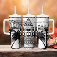 Personalised Fiji Day 2026 Tumbler With Handle Masi Tapa Pattern With Palm Tree White Version