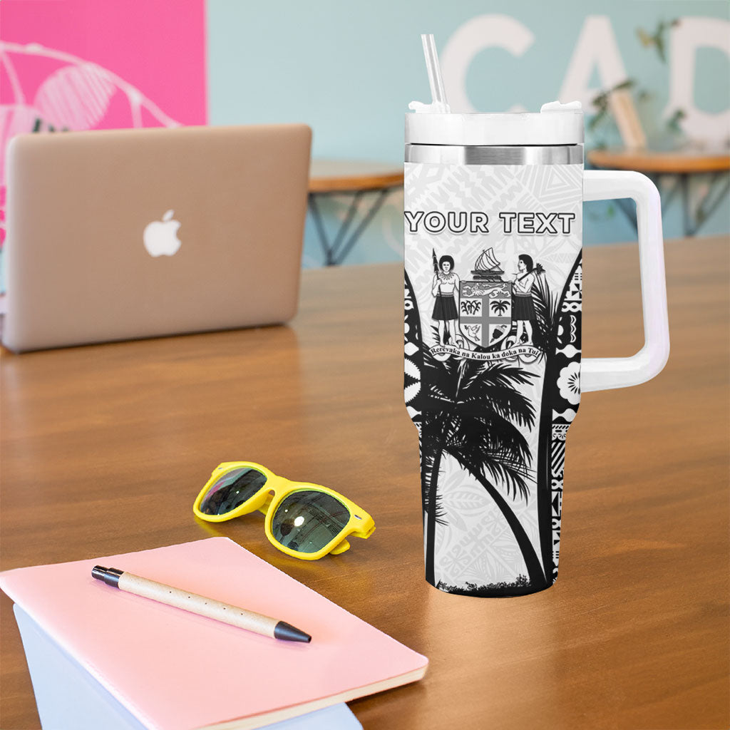 Personalised Fiji Day 2026 Tumbler With Handle Masi Tapa Pattern With Palm Tree White Version