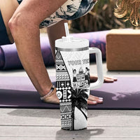 Personalised Fiji Day 2026 Tumbler With Handle Masi Tapa Pattern With Palm Tree White Version