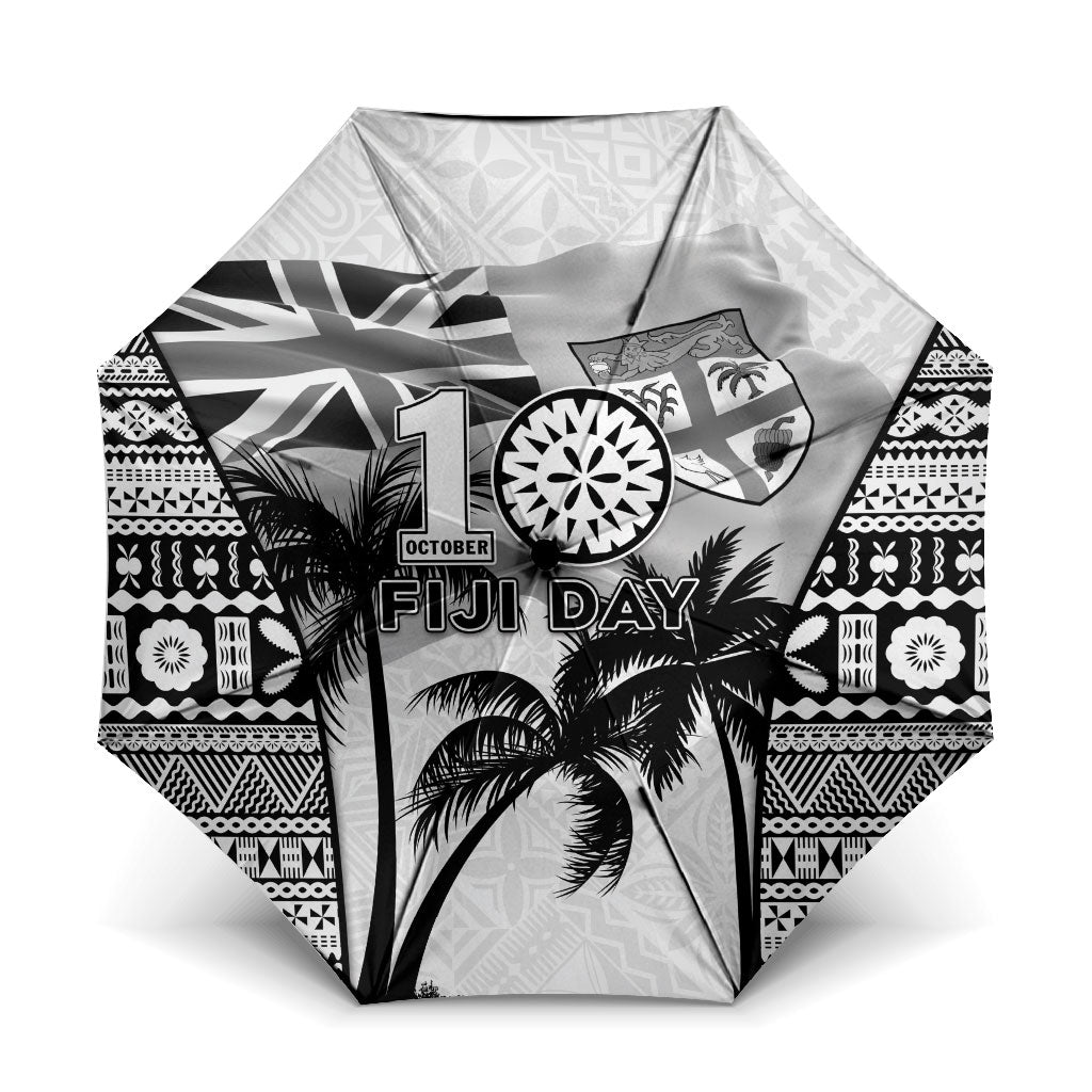 Fiji Day 2026 Umbrella Masi Tapa Pattern With Palm Tree White Version LT05 One Size Folded 11.42 inch Opened Diameter 37.4 inch White - Polynesian Pride