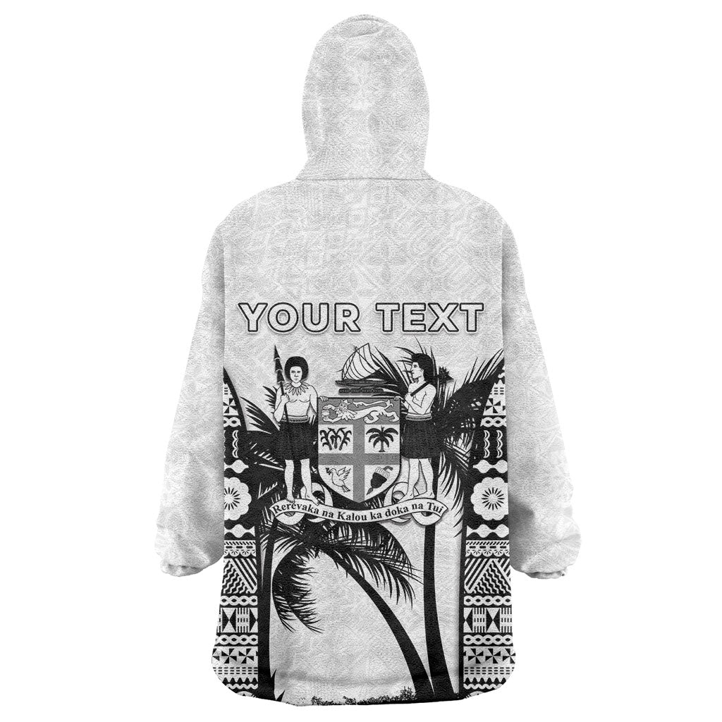 Personalised Fiji Day 2026 Wearable Blanket Hoodie Masi Tapa Pattern With Palm Tree White Version
