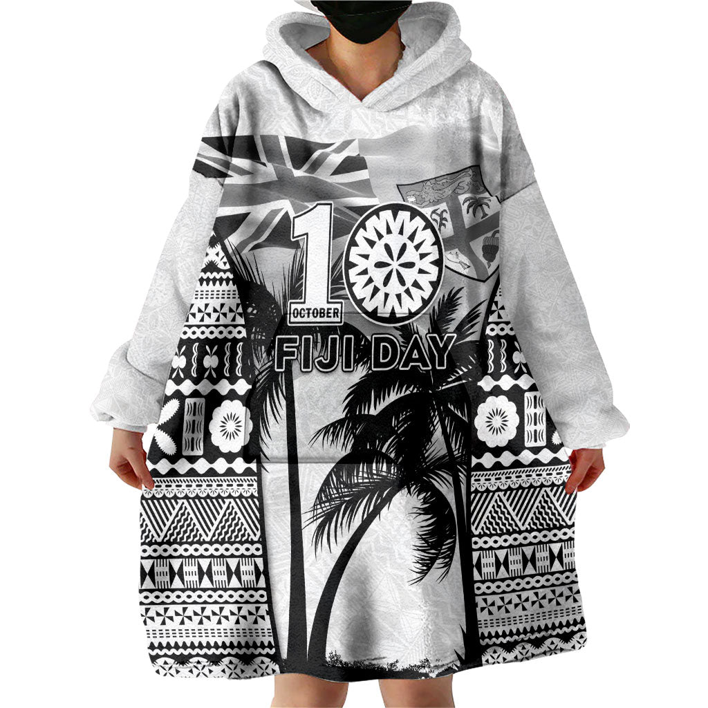 Personalised Fiji Day 2026 Wearable Blanket Hoodie Masi Tapa Pattern With Palm Tree White Version