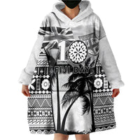 Personalised Fiji Day 2026 Wearable Blanket Hoodie Masi Tapa Pattern With Palm Tree White Version
