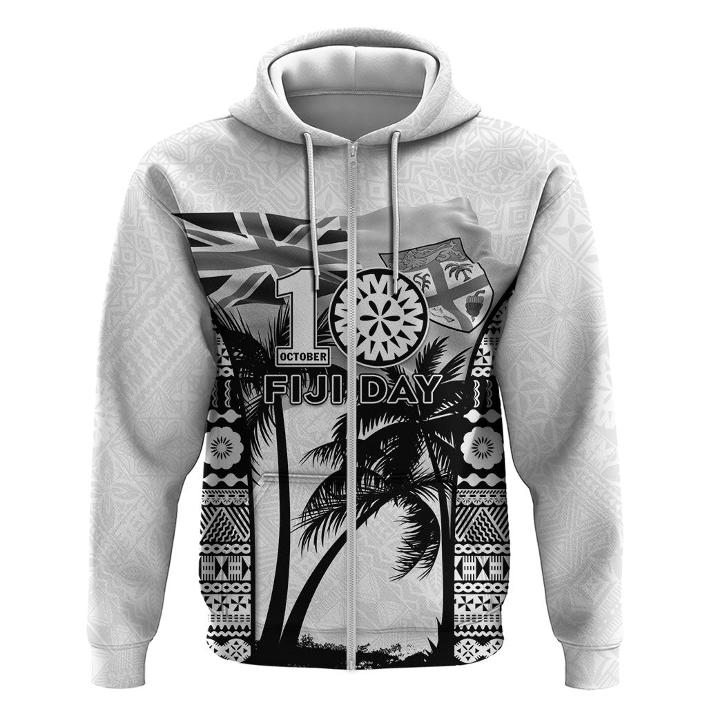 Personalised Fiji Day 2026 Zip Hoodie Masi Tapa Pattern With Palm Tree White Version