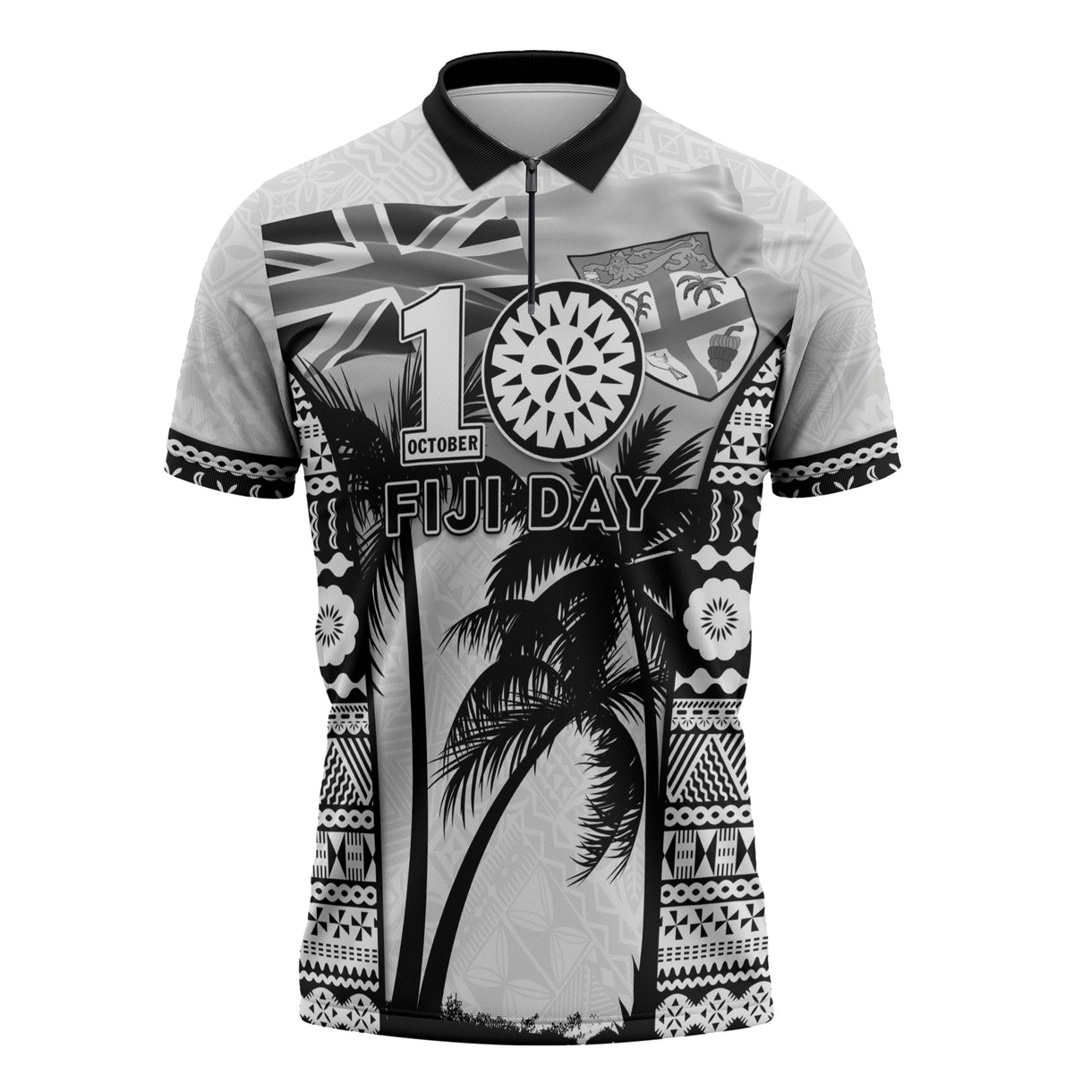 Personalised Fiji Day 2026 Zipper Polo Shirt Masi Tapa Pattern With Palm Tree White Version