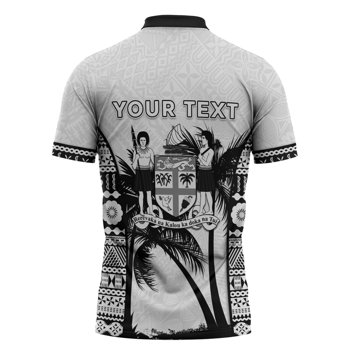 Personalised Fiji Day 2026 Zipper Polo Shirt Masi Tapa Pattern With Palm Tree White Version