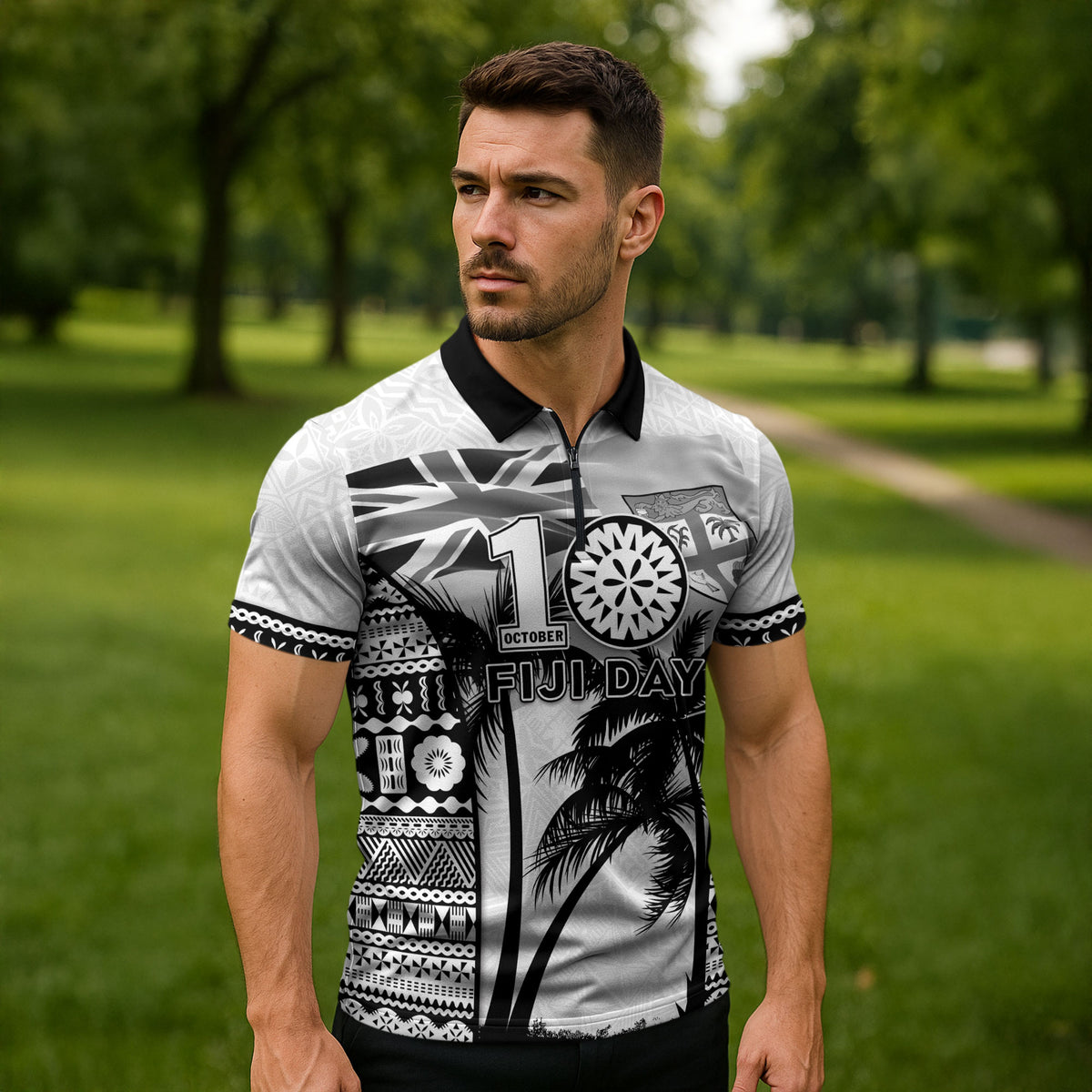 Personalised Fiji Day 2026 Zipper Polo Shirt Masi Tapa Pattern With Palm Tree White Version