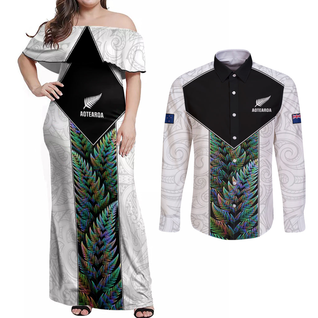 Custom New Zealand Fern Rugby Couples Matching Off Shoulder Maxi Dress and Long Sleeve Button Shirt World Cup 2023 Paua Shell Maori Pattern LT05 White - Polynesian Pride