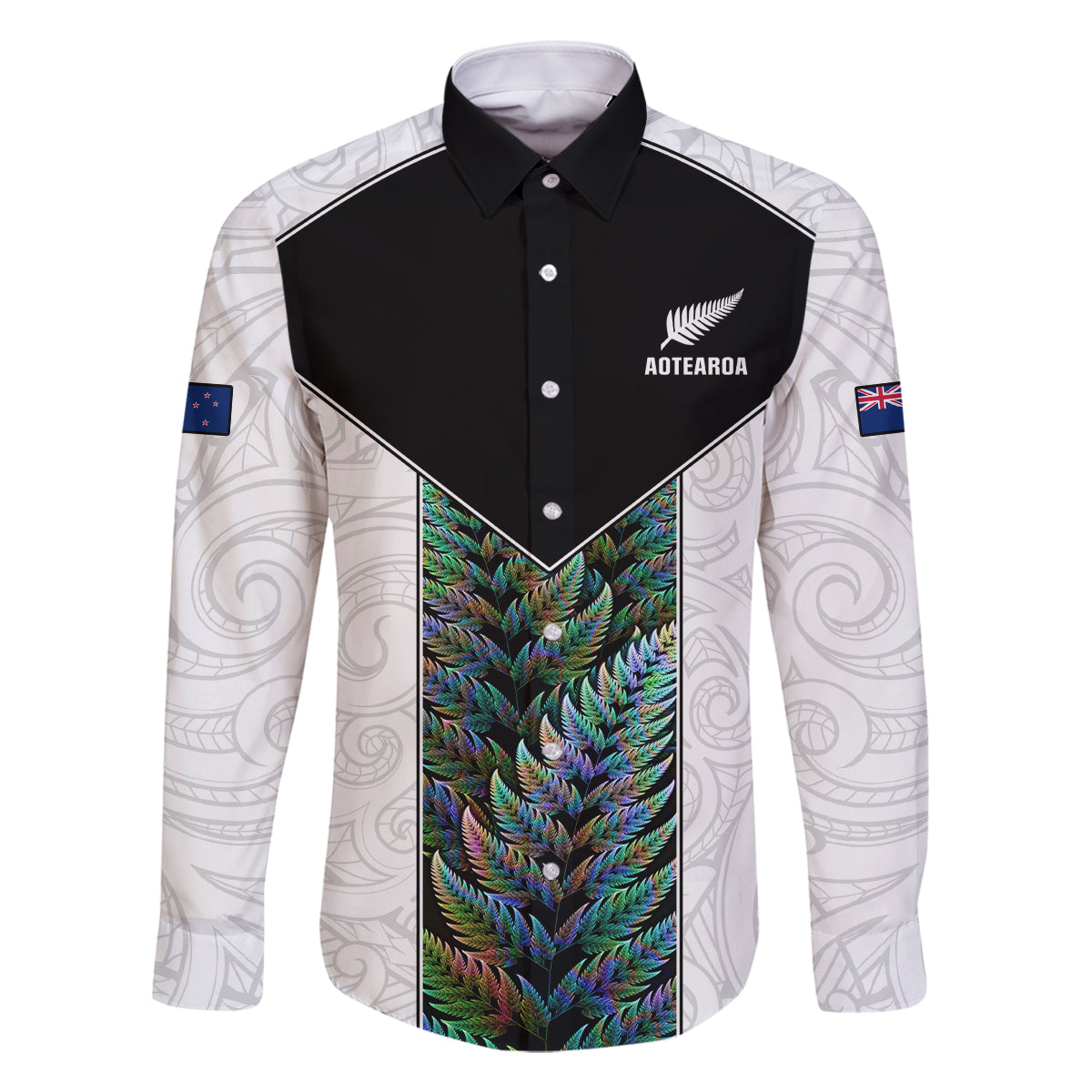 Custom New Zealand Fern Rugby Family Matching Off Shoulder Maxi Dress and Hawaiian Shirt World Cup 2023 Paua Shell Maori Pattern LT05 Dad's Shirt - Long Sleeve White - Polynesian Pride