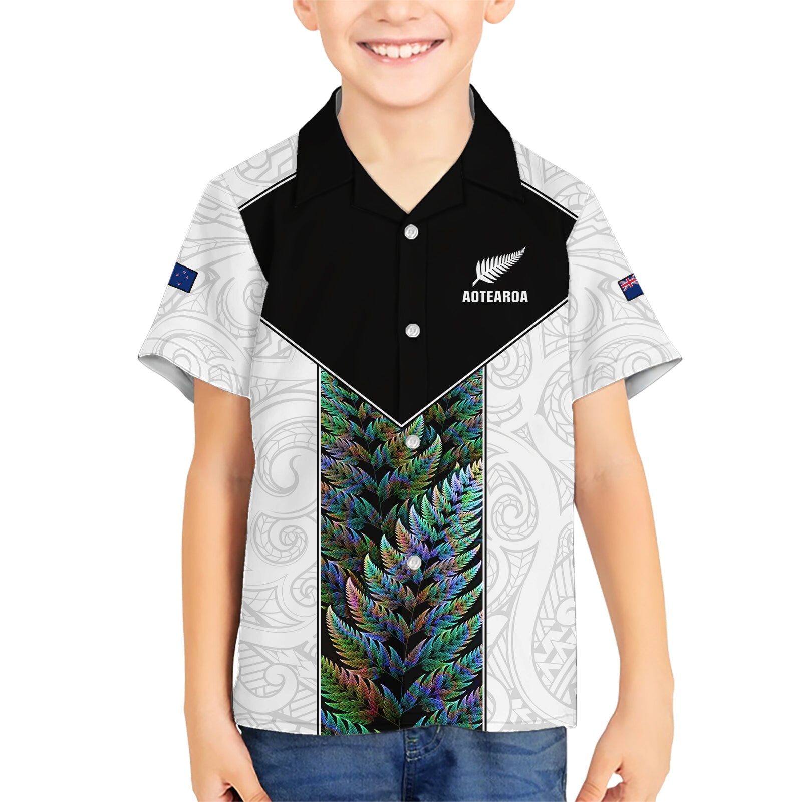 Custom New Zealand Fern Rugby Kid Hawaiian Shirt World Cup 2023 Paua Shell Maori Pattern LT05 Kid White - Polynesian Pride