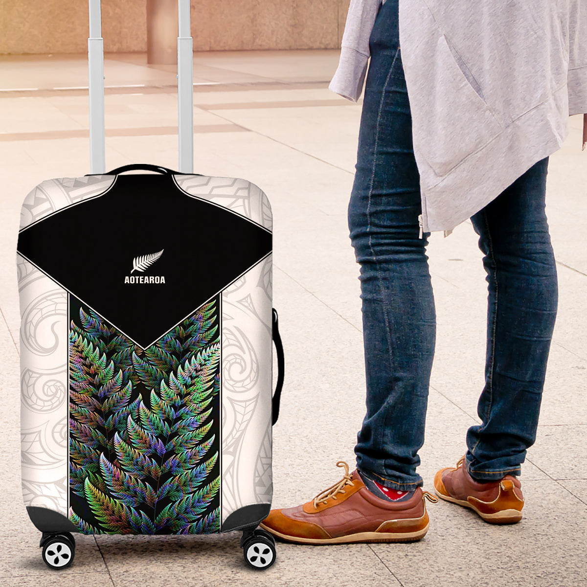 New Zealand Fern Rugby Luggage Cover World Cup 2023 Paua Shell Maori Pattern LT05 White - Polynesian Pride