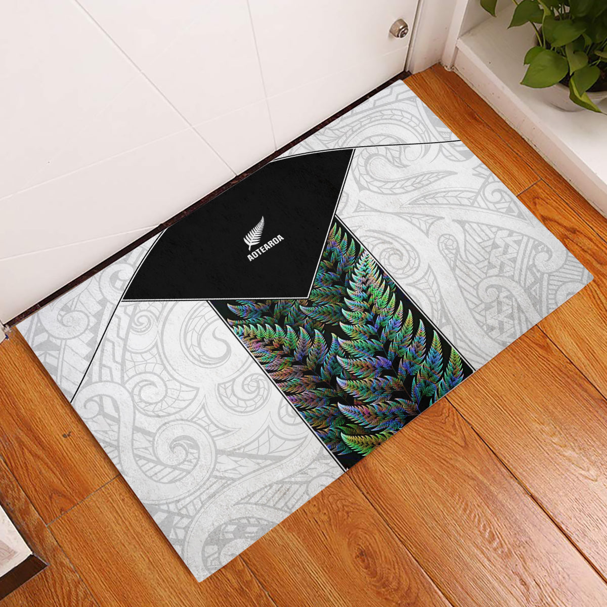 New Zealand Fern Rugby Rubber Doormat World Cup 2023 Paua Shell Maori Pattern LT05 White - Polynesian Pride