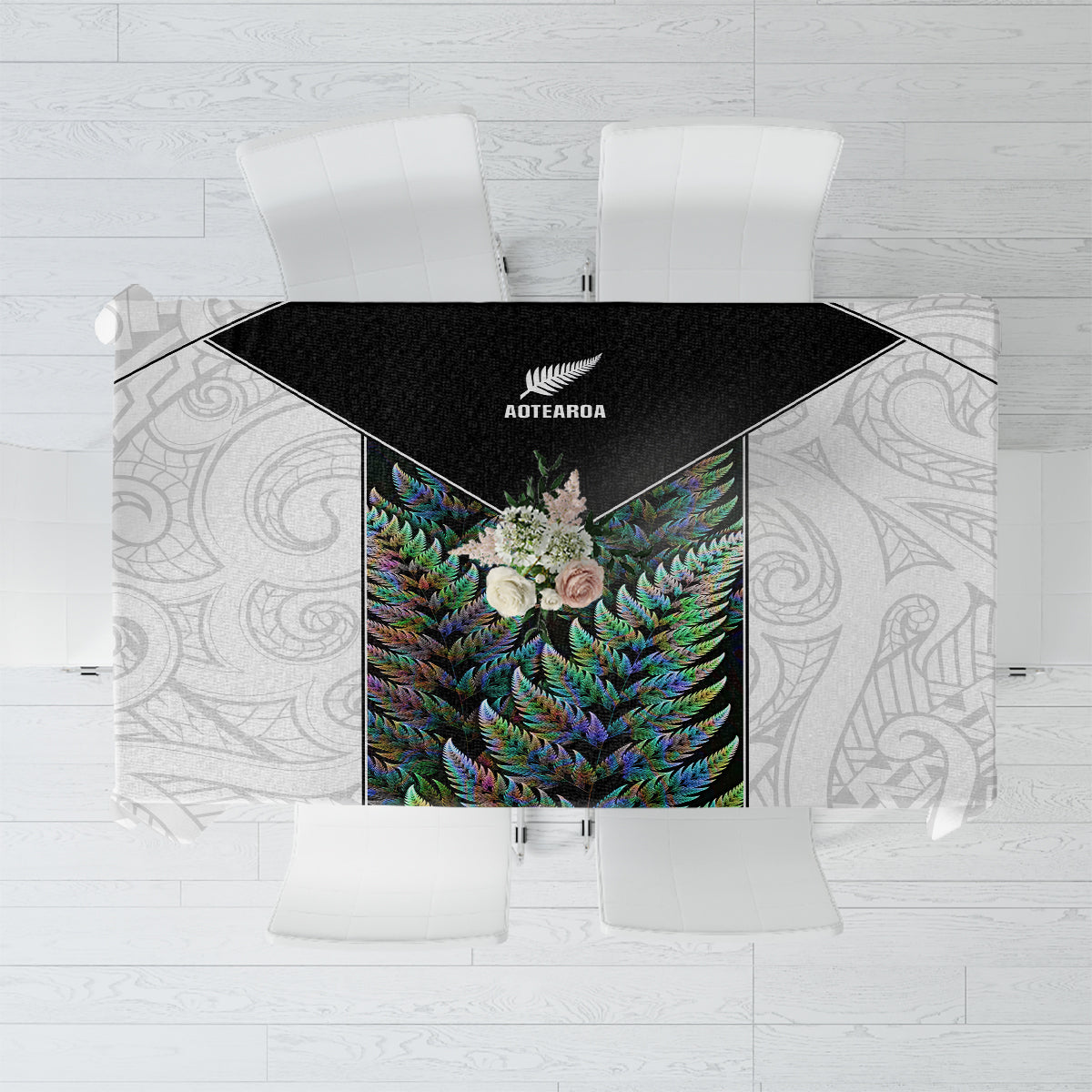 New Zealand Fern Rugby Tablecloth World Cup 2023 Paua Shell Maori Pattern LT05 White - Polynesian Pride