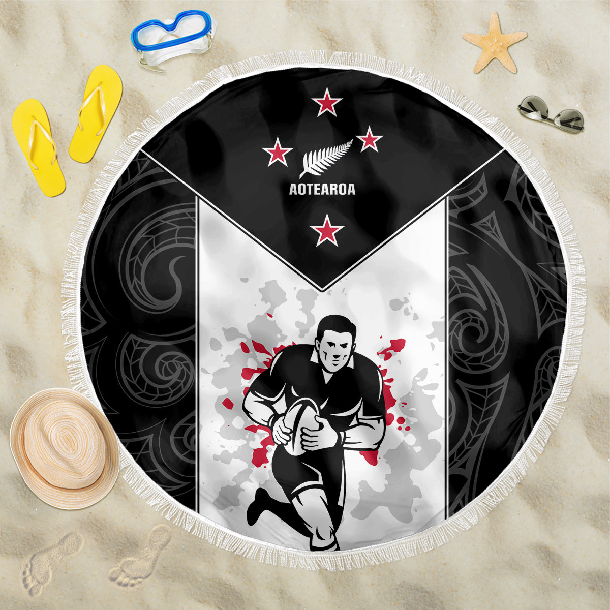 New Zealand Player Rugby Beach Blanket World Cup 2023 Maori Pattern LT05 One Size 150cm Black - Wonder Print Shop
