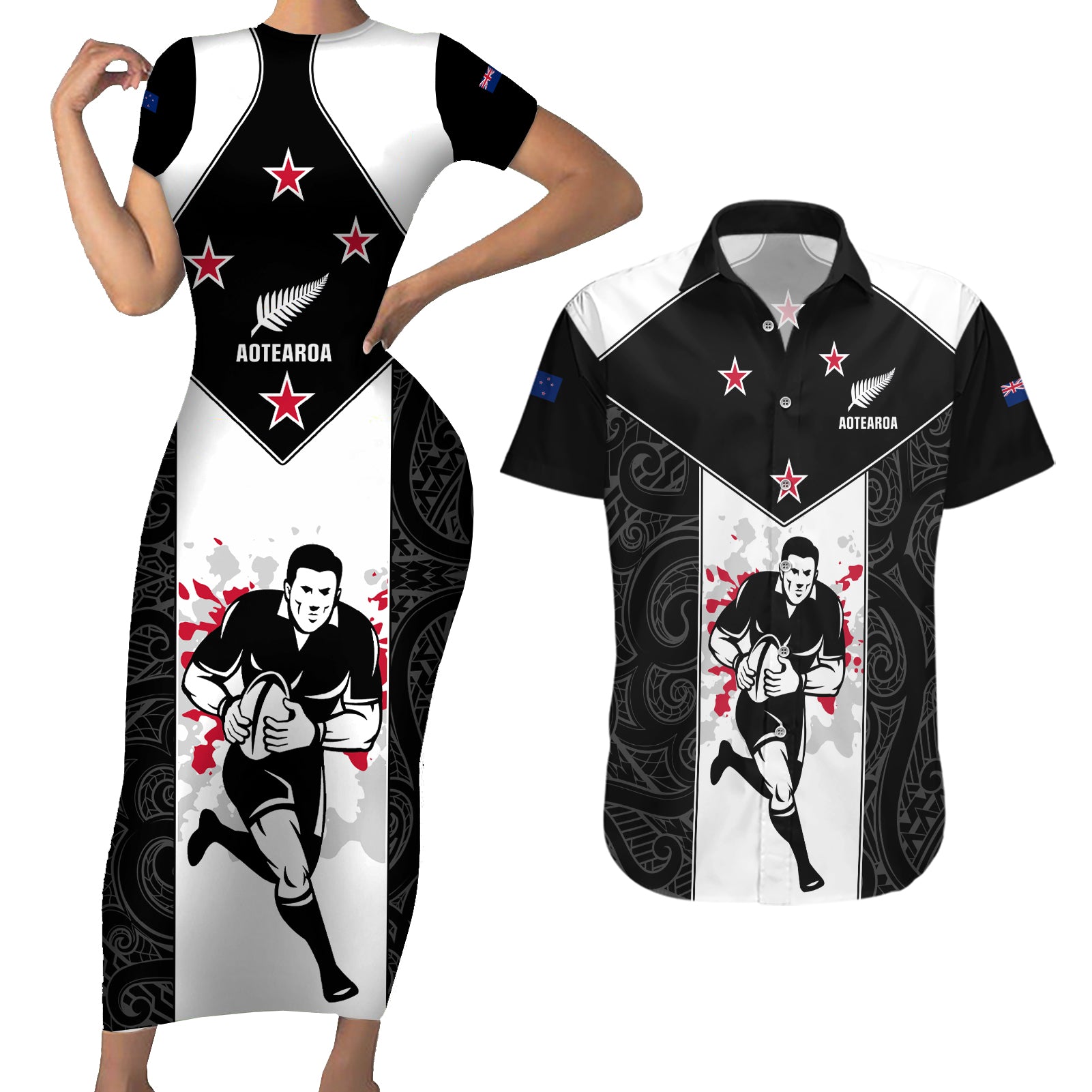 Custom New Zealand Player Rugby Couples Matching Short Sleeve Bodycon Dress and Hawaiian Shirt World Cup 2023 Maori Pattern LT05 Black - Polynesian Pride