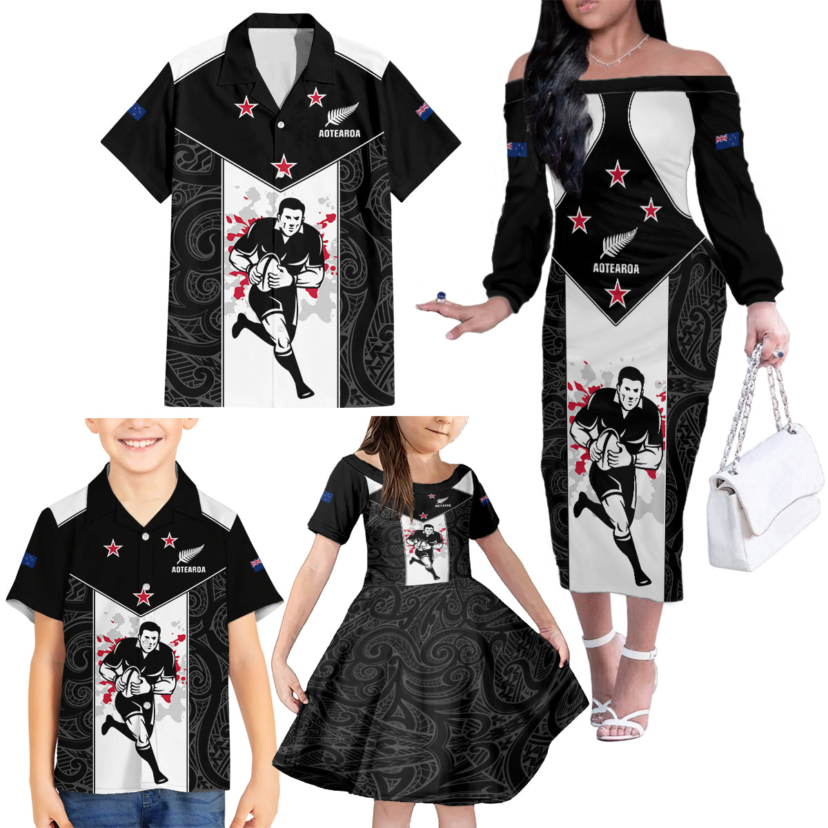 Custom New Zealand Player Rugby Family Matching Off Shoulder Long Sleeve Dress and Hawaiian Shirt World Cup 2023 Maori Pattern LT05 - Polynesian Pride