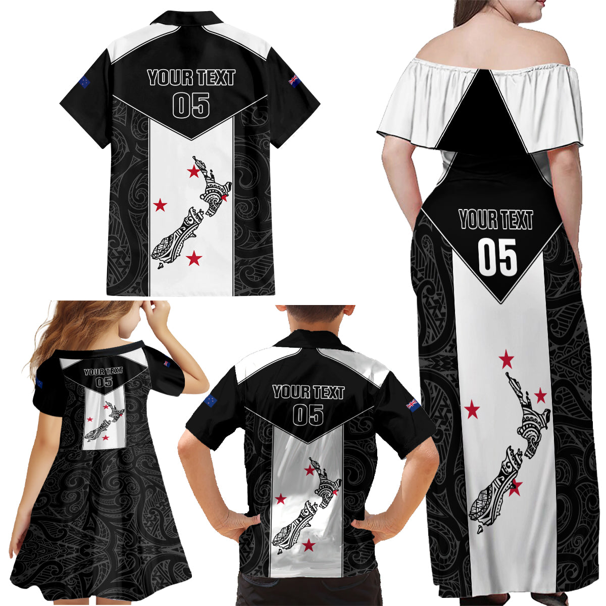 Custom New Zealand Player Rugby Family Matching Off Shoulder Maxi Dress and Hawaiian Shirt World Cup 2023 Maori Pattern LT05 - Polynesian Pride