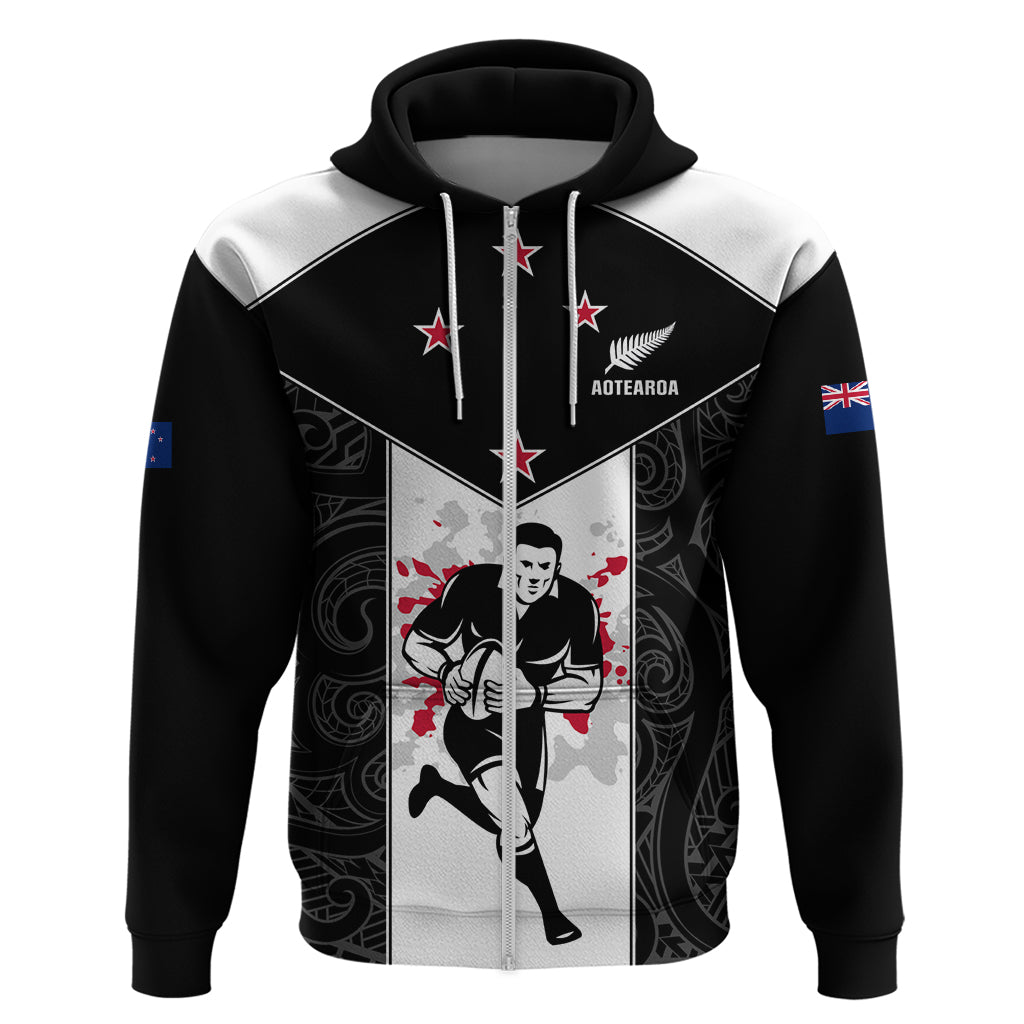 Custom New Zealand Player Rugby Hoodie World Cup 2023 Maori Pattern LT05 Zip Hoodie Black - Polynesian Pride