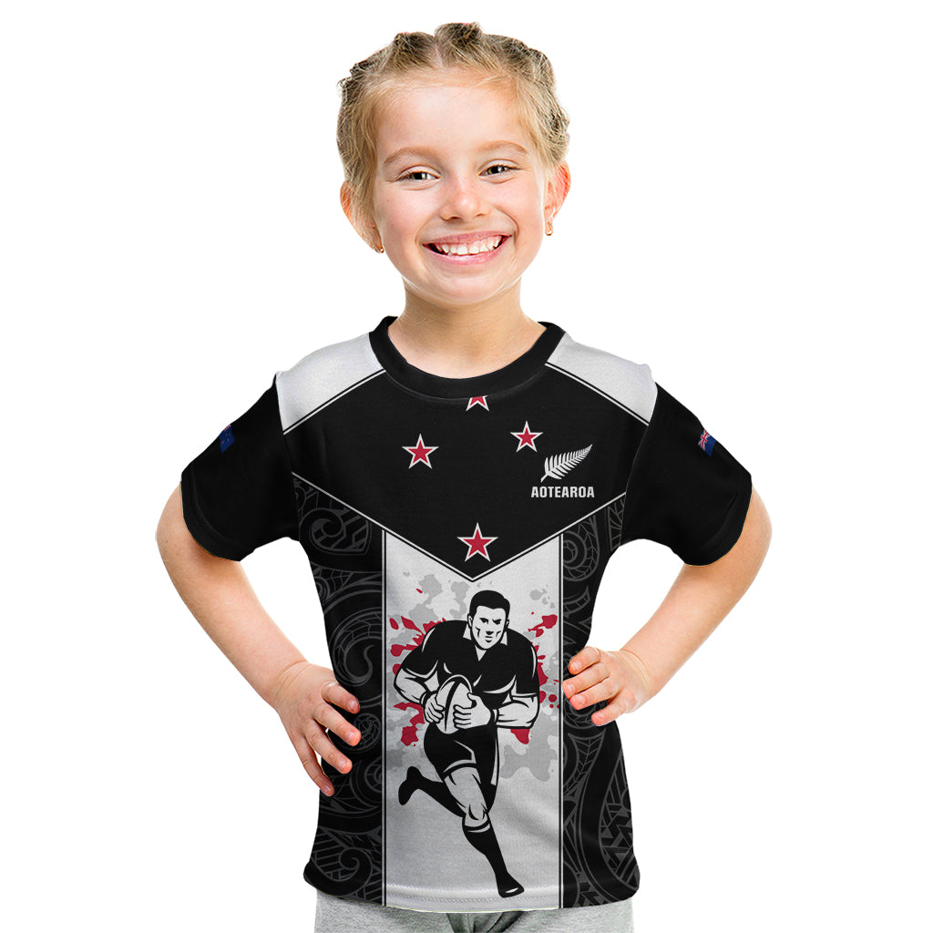 Custom New Zealand Player Rugby Kid T Shirt World Cup 2023 Maori Pattern LT05 Black - Polynesian Pride