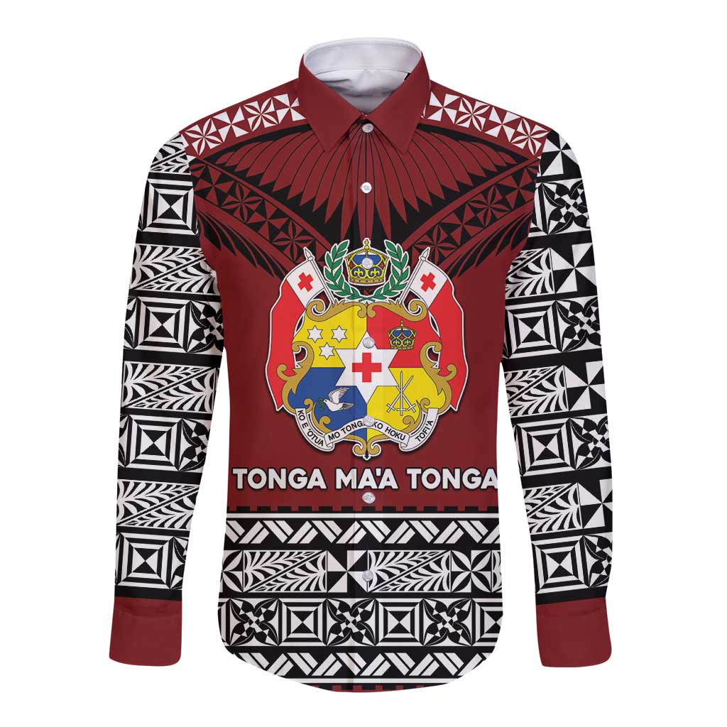 Personalised Tonga Constitution Day Long Sleeve Button Shirt Tongan Kupesi Ngatu Pattern LT05 Unisex Red - Polynesian Pride