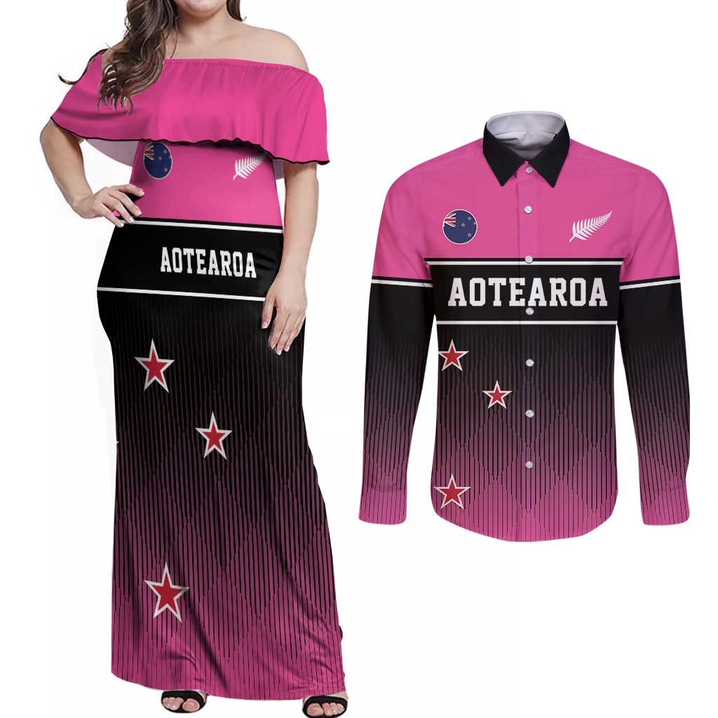 Custom New Zealand Women Cricket Couples Matching Off Shoulder Maxi Dress and Long Sleeve Button Shirt Pink Simple Style