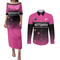 Custom New Zealand Women Cricket Couples Matching Puletasi and Long Sleeve Button Shirt Pink Simple Style