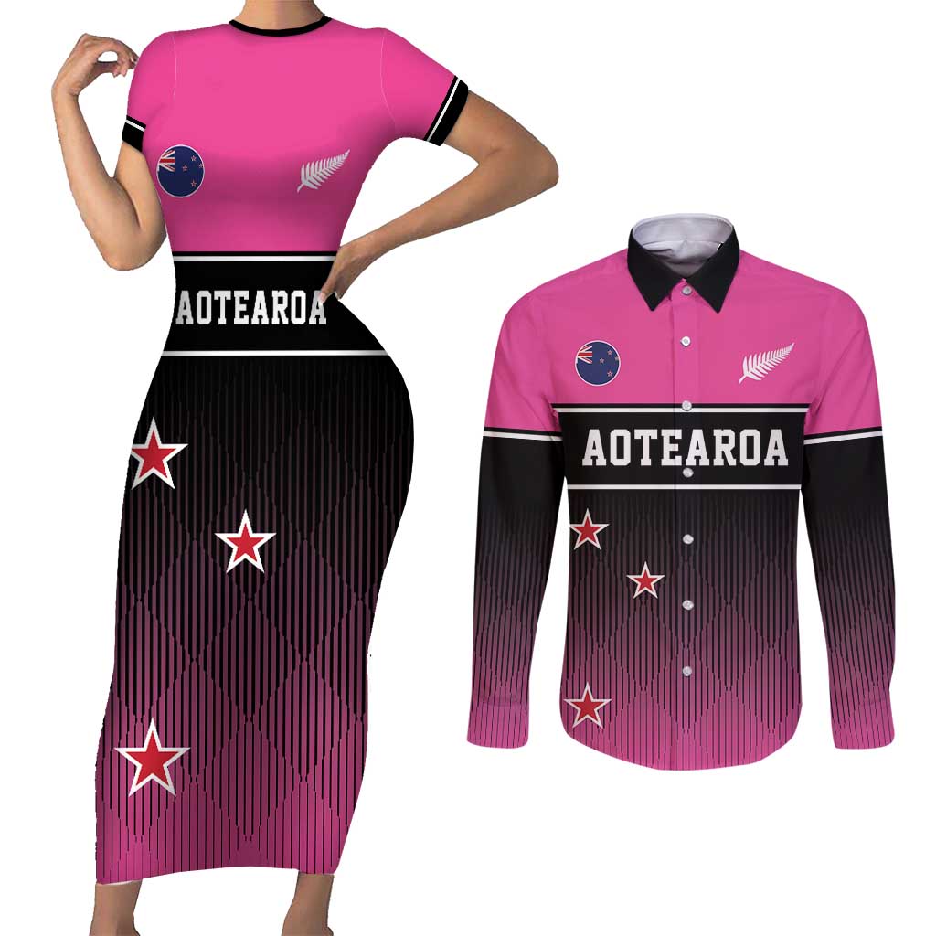 Custom New Zealand Women Cricket Couples Matching Short Sleeve Bodycon Dress and Long Sleeve Button Shirt Pink Simple Style