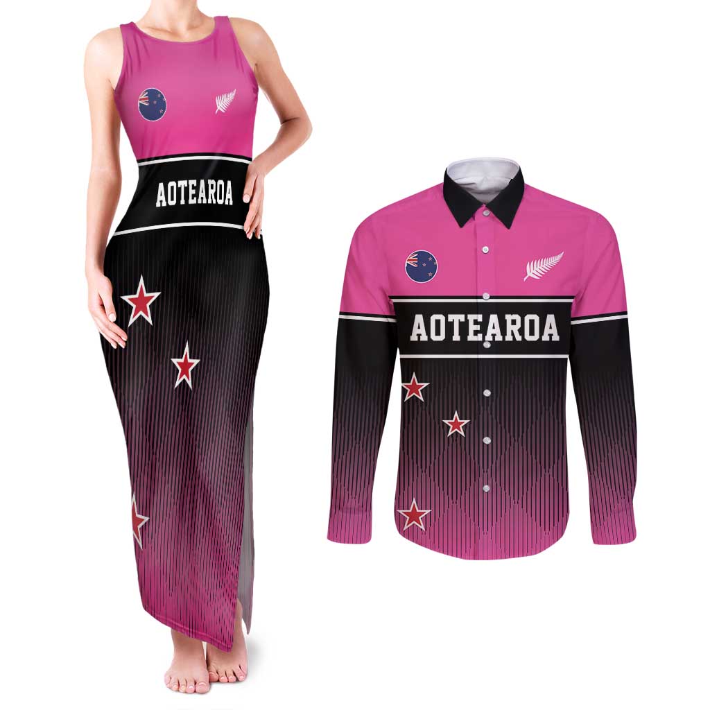 Custom New Zealand Women Cricket Couples Matching Tank Maxi Dress and Long Sleeve Button Shirt Pink Simple Style