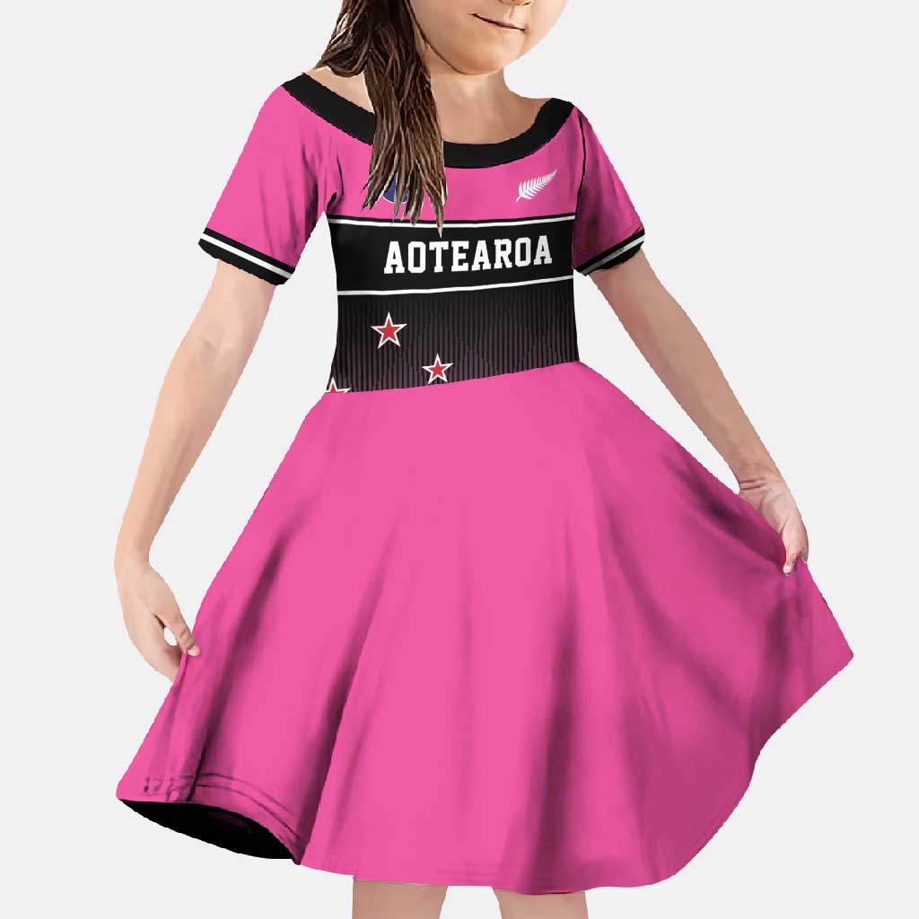 Custom New Zealand Women Cricket Family Matching Long Sleeve Bodycon Dress and Hawaiian Shirt Pink Simple Style LT05 Daughter's Dress Pink - Polynesian Pride