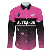 Custom New Zealand Women Cricket Family Matching Long Sleeve Bodycon Dress and Hawaiian Shirt Pink Simple Style LT05 Dad's Shirt - Long Sleeve Pink - Polynesian Pride