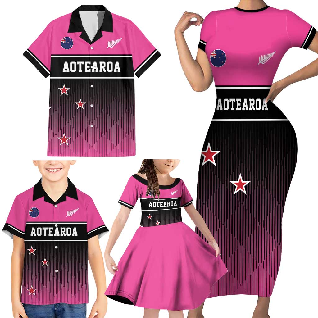 Custom New Zealand Women Cricket Family Matching Short Sleeve Bodycon Dress and Hawaiian Shirt Pink Simple Style LT05 - Polynesian Pride
