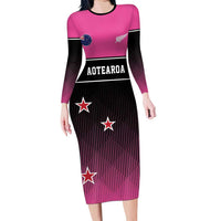 Custom New Zealand Women Cricket Long Sleeve Bodycon Dress Pink Simple Style LT05 Long Dress Pink - Polynesian Pride