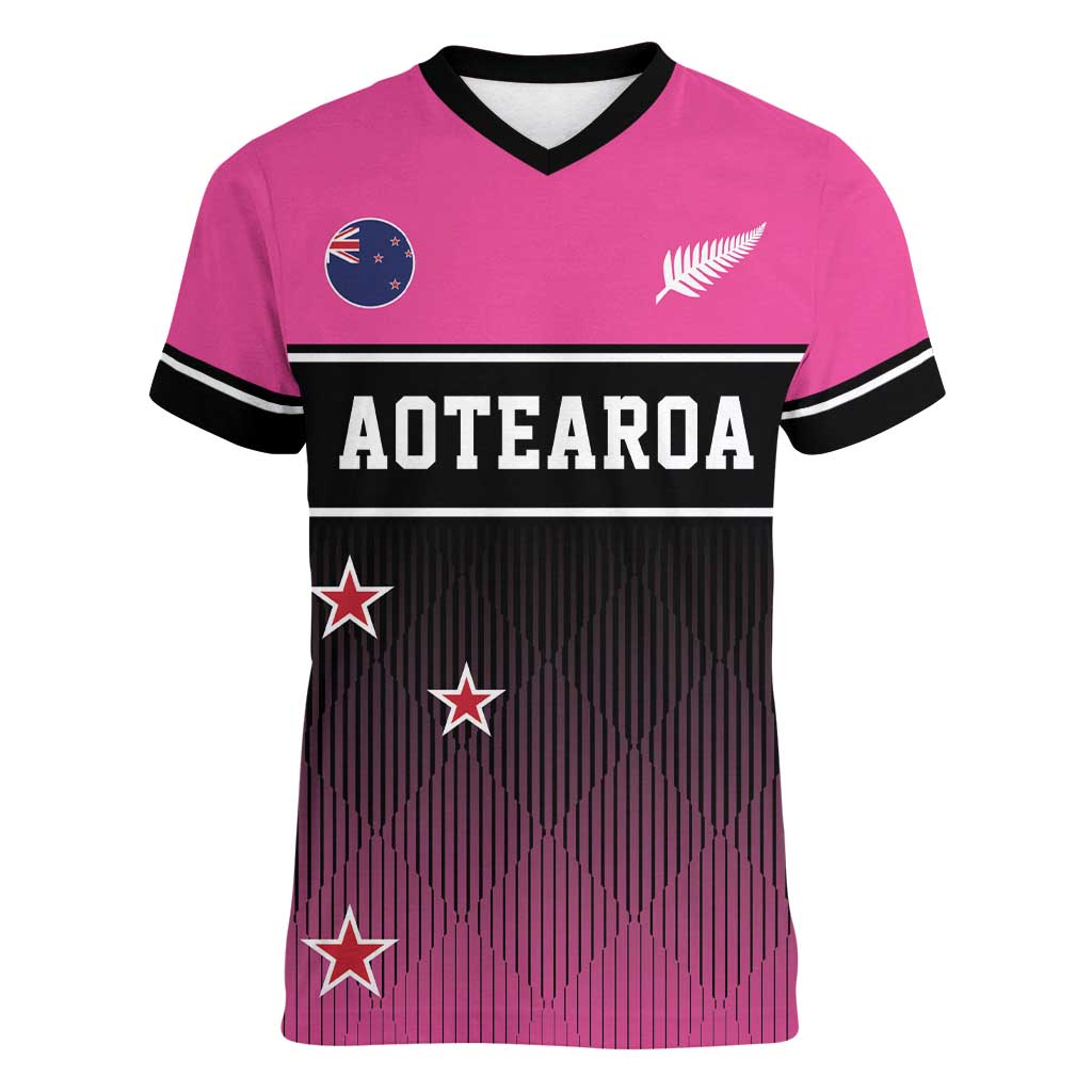 Custom New Zealand Women Cricket Women V-Neck T-Shirt Pink Simple Style LT05 Female Pink - Polynesian Pride