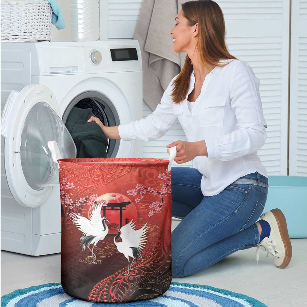 Hawaii and Japan Together Laundry Basket Polynesian Art Tattoo With Cranes And Sakura - Polynesian Pride