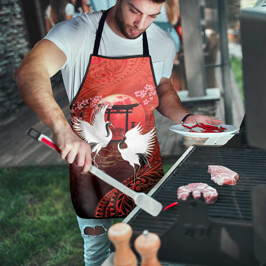 Hawaii and Japan Together Apron Polynesian Art Tattoo With Cranes And Sakura - Polynesian Pride
